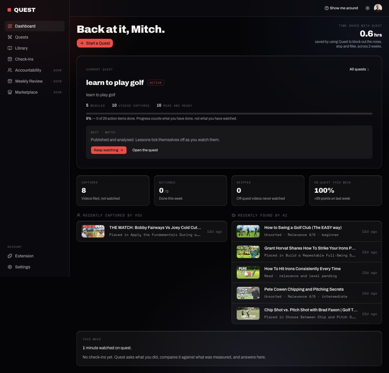 The dashboard for an active golf Quest, showing the next action, time saved, action-item progress and on-Quest viewing percentage.