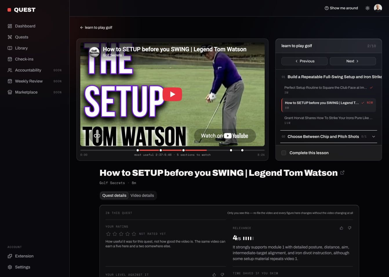 TubeQuest playing a golf lesson with its useful-section timeline, module lesson rail and relevance score.